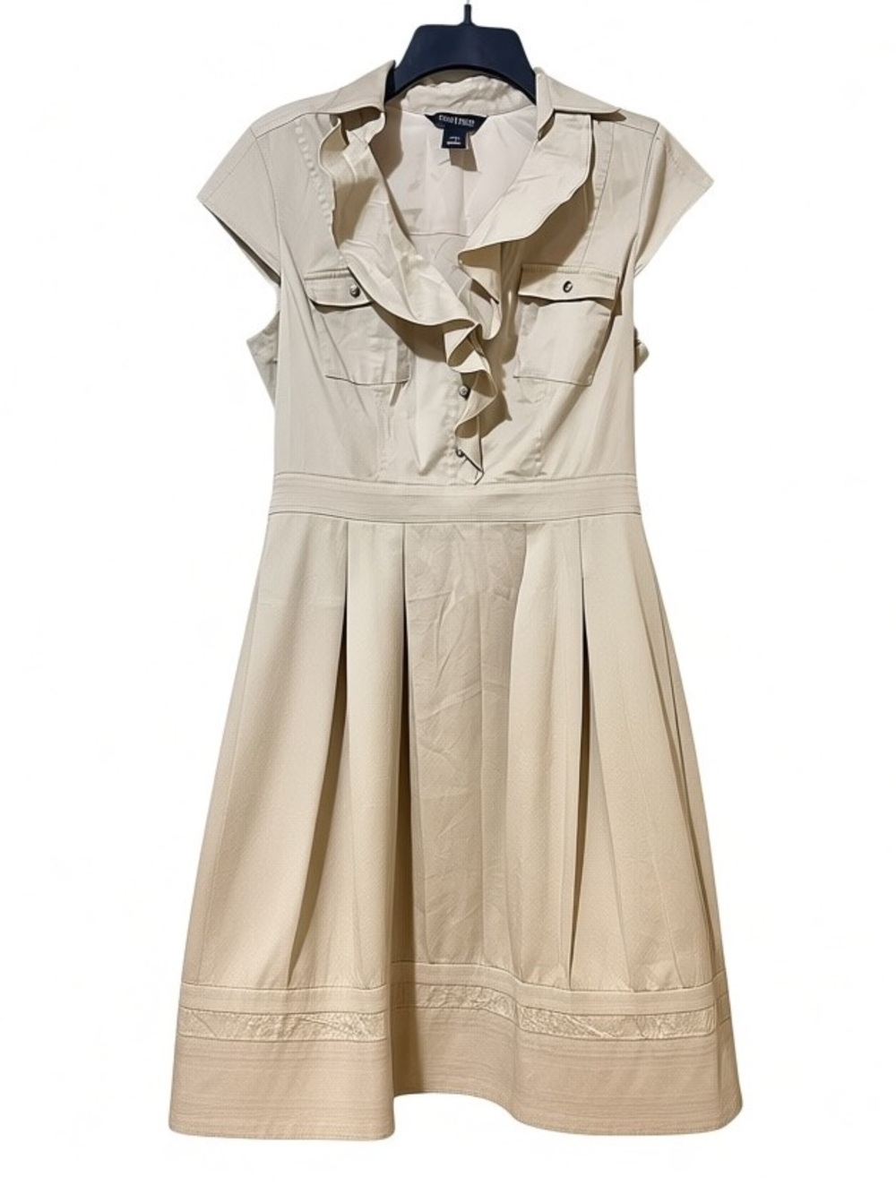 WHITE HOUSE BLACK MARKET tan cotton blend dress fit & flare ruffle front size 8